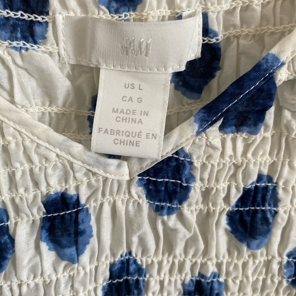H&M White with Blue Dots Summer Dress Smocked Top 100% Cotton Full Skirt Size L - Picture 3 of 6